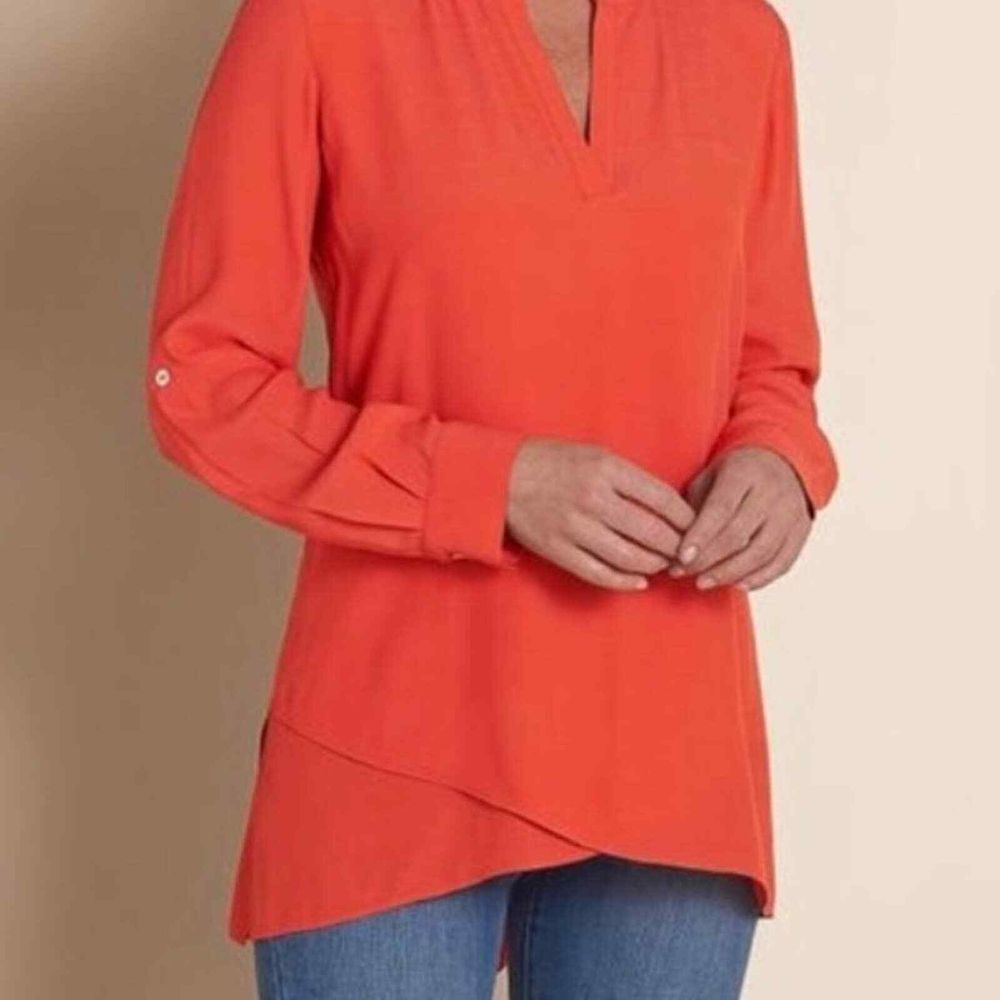 SOFT SURROUNDINGS womens tunic top sz‎ XS orange long sleeve blouse classy vneck